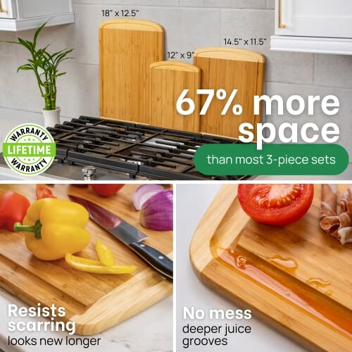 Bamboo cutting board set with features and benefits.