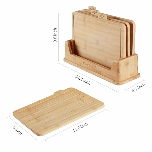 Bamboo cutting board set with holder and dimensions