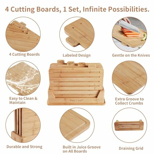 Bamboo cutting board set with various features highlighted