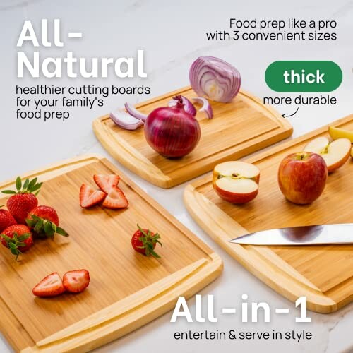 Three bamboo cutting boards with strawberries, onions, and an apple, featuring text about durability and convenience.