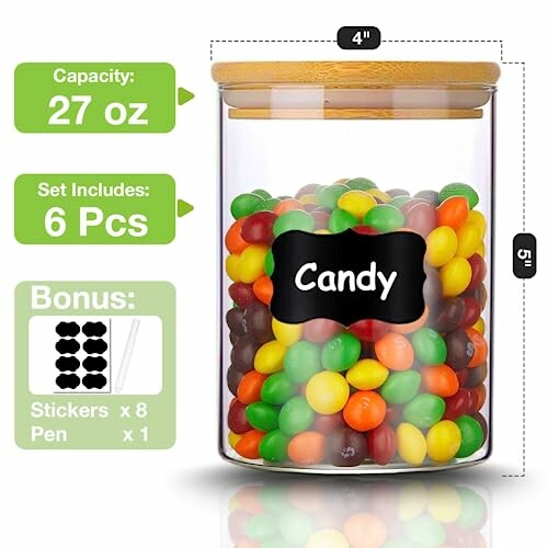 Clear candy jar with colorful candies, labeled capacity and accessories.