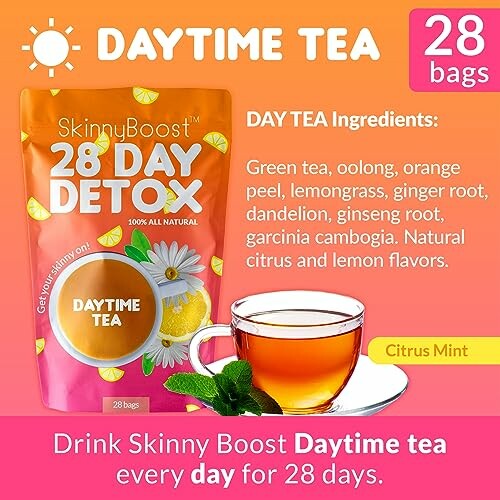 Daytime tea detox package with tea cup and citrus mint flavor.