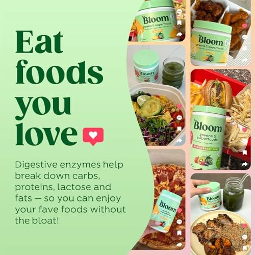 Collage showing Bloom digestive enzymes with various foods.