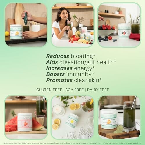 Collage promoting digestive health supplements with images of smoothies and ingredients.