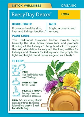 EveryDay Detox Lemon herbal tea packaging with benefits and preparation instructions.