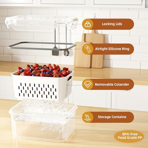 Food storage container set with locking lids, airtight silicone ring, removable colander, and storage base.