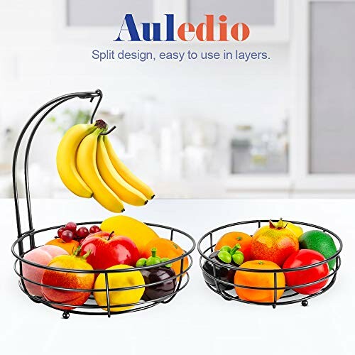 Fruit basket and hanger with bananas, apples, oranges, and more