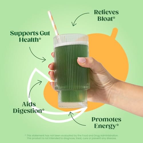 Hand holding a green juice with health benefits labeled: supports gut health, relieves bloat, aids digestion, and promotes energy.