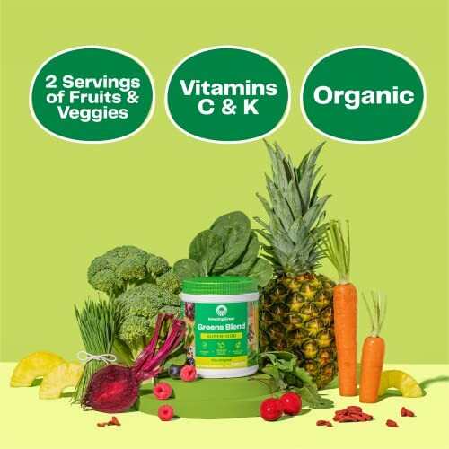 Organic greens blend with fruits and veggies, highlighting vitamins C and K.