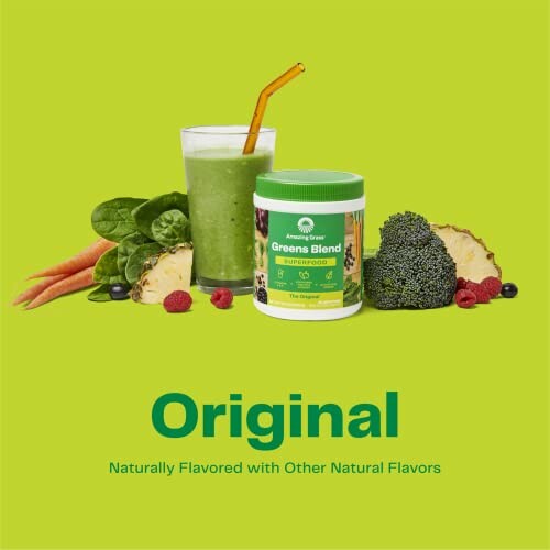 Greens blend supplement with a green smoothie and assorted vegetables and fruits.