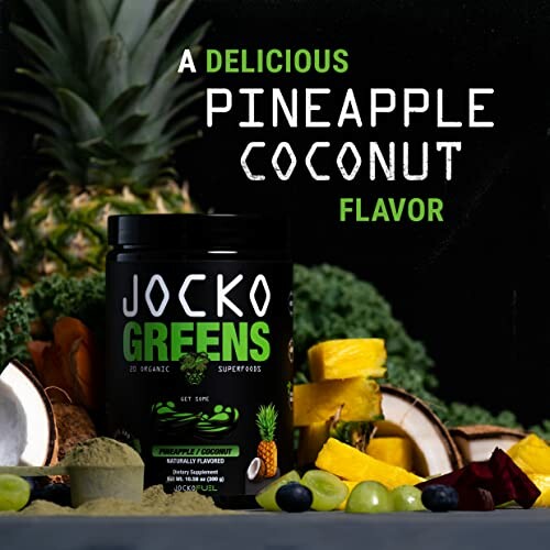 Jocko Greens Pineapple Coconut flavor with assorted fruits and vegetables.