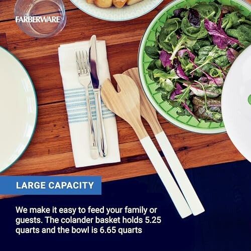 Table setting with salad, utensils, and text about colander and bowl capacity.