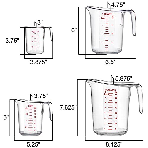 Set of four clear measuring cups with measurements and dimensions labeled.