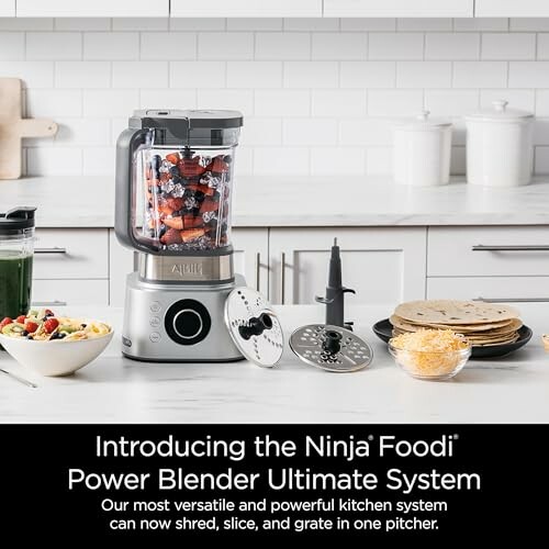 Ninja Foodi Power Blender with various attachments and food items