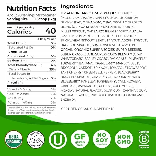 Orgain Organic Superfoods nutrition facts and ingredient list.