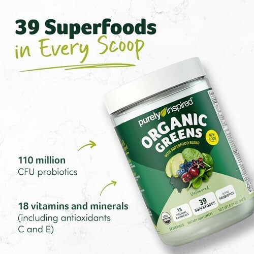 Organic Greens supplement with 39 superfoods and probiotics.