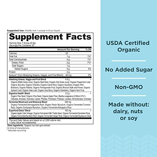 Supplement facts label and product highlights for an organic dietary supplement.