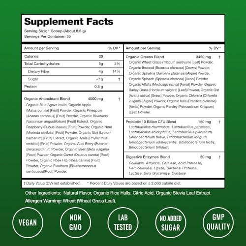 Organic supplement facts label with ingredients and nutritional information.