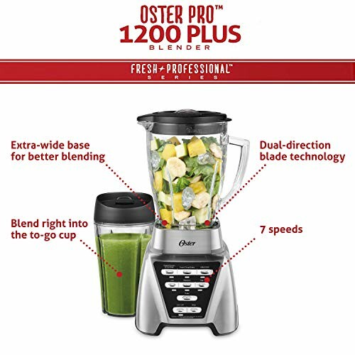 Oster Pro 1200 Blender with extra-wide base, dual-direction blade, 7 speeds, and to-go cup.