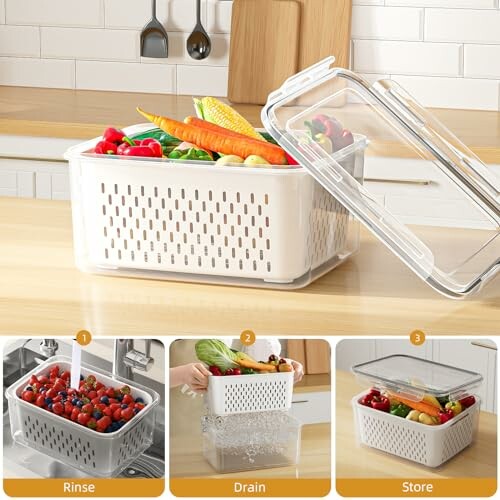 Multi-functional produce storage container with lid, used for rinsing, draining, and storing vegetables.