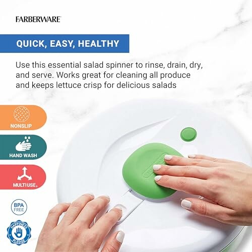 Person using Farberware salad spinner with green handle.