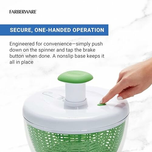 One-handed salad spinner with green handle and push button.