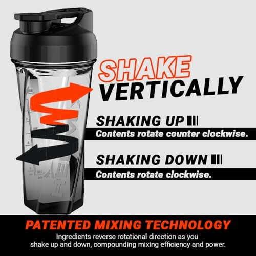 Illustration of a shaker bottle with patented mixing technology showing arrows for shaking up and down.