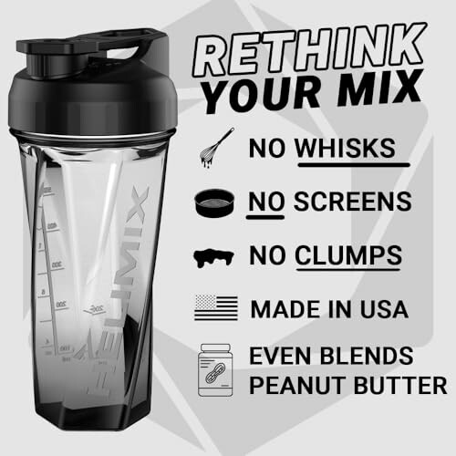 Shaker bottle with features: no whisks, no screens, no clumps, made in USA, blends peanut butter.