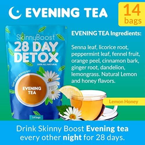 Skinny Boost 28 Day Detox Evening Tea with ingredients and tea cup.