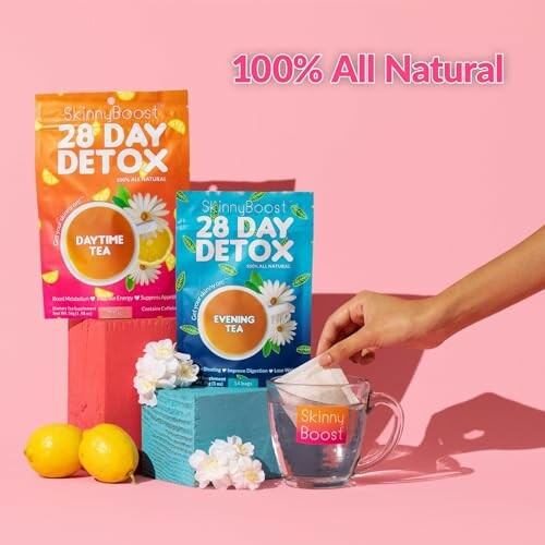 SkinnyBoost 28 Day Detox tea packs with lemons and a glass mug.