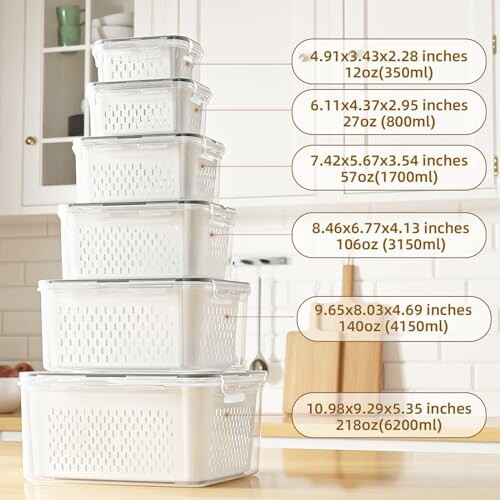 Stack of clear food storage containers in various sizes with volume labels.