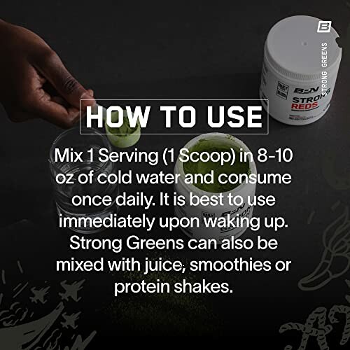 Instructions for using Strong Greens supplement.