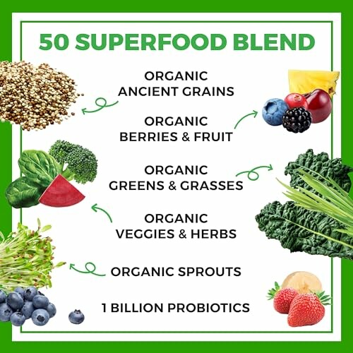 Superfood blend ingredients with organic grains, berries, greens, veggies, sprouts, and probiotics.