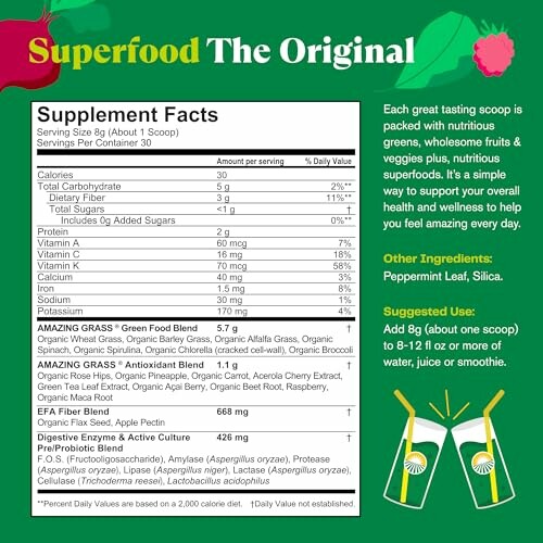 Supplement facts and ingredients of a green superfood mix.