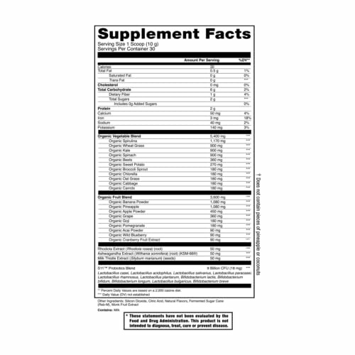 Detailed supplement facts label with ingredients and nutritional information.