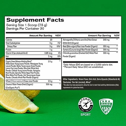 Supplement facts label with serving size and ingredients.