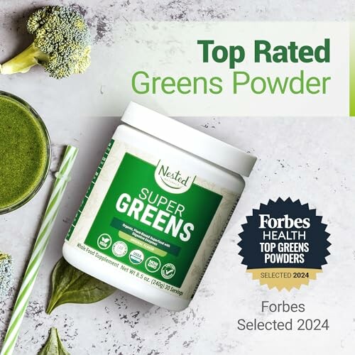 Container of Super Greens powder with broccoli and green drink.