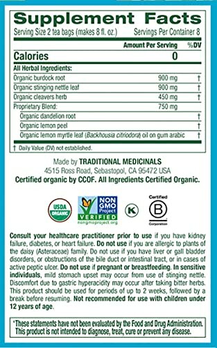 Supplement facts for Traditional Medicinals organic tea with ingredients and certifications.