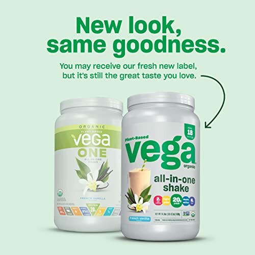 Vega protein powder with updated label design.