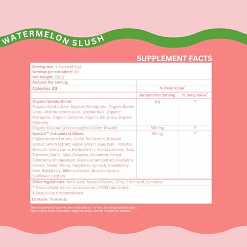 Watermelon Slush supplement facts label with ingredient list and nutritional information.